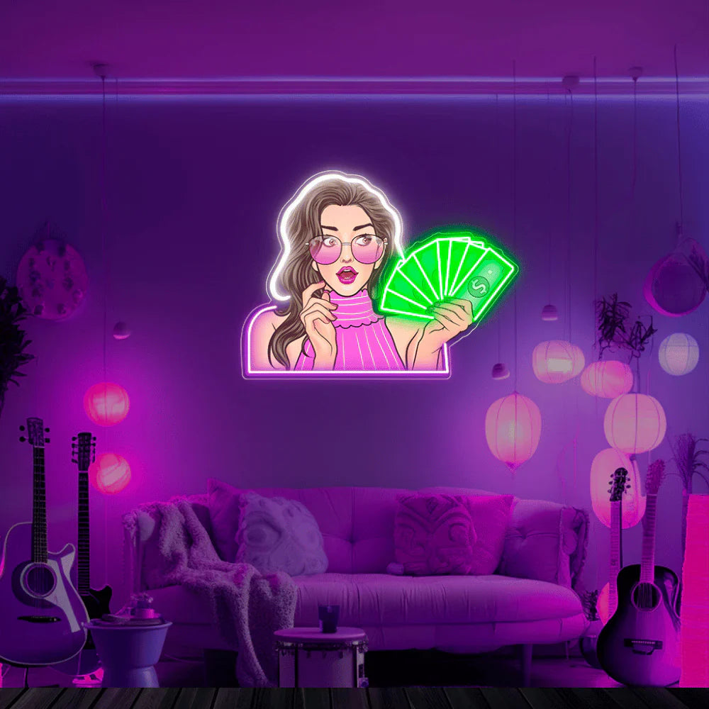 Girl with Money UV Neon Sign