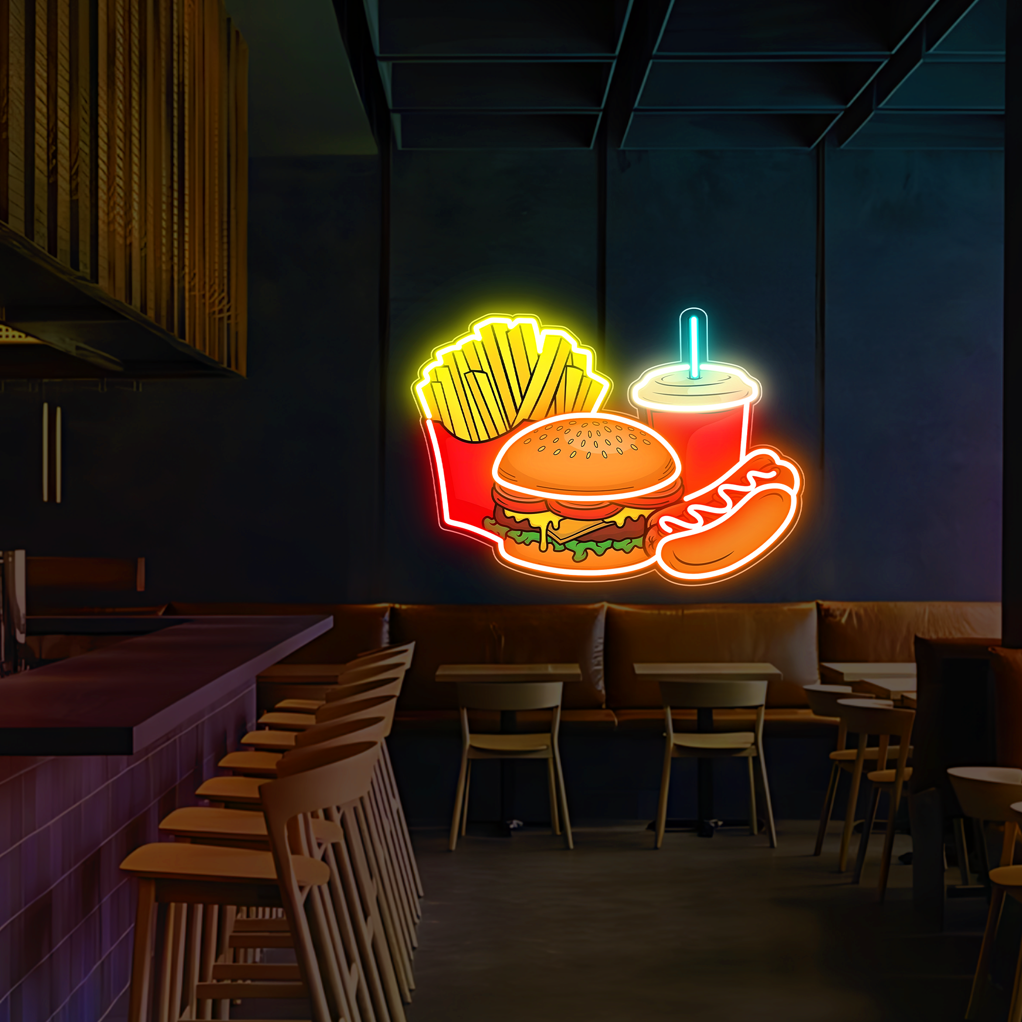 Fries, Burger, Drink UV Neon Sign